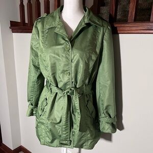 Liz Claiborne Olive Green Trench Coat Belted Button Front Classic Jacket Chic